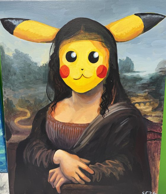 Student painting of the Mona Lisa with Pikachu's head in place of her face, at Children's Art Classes of Cary