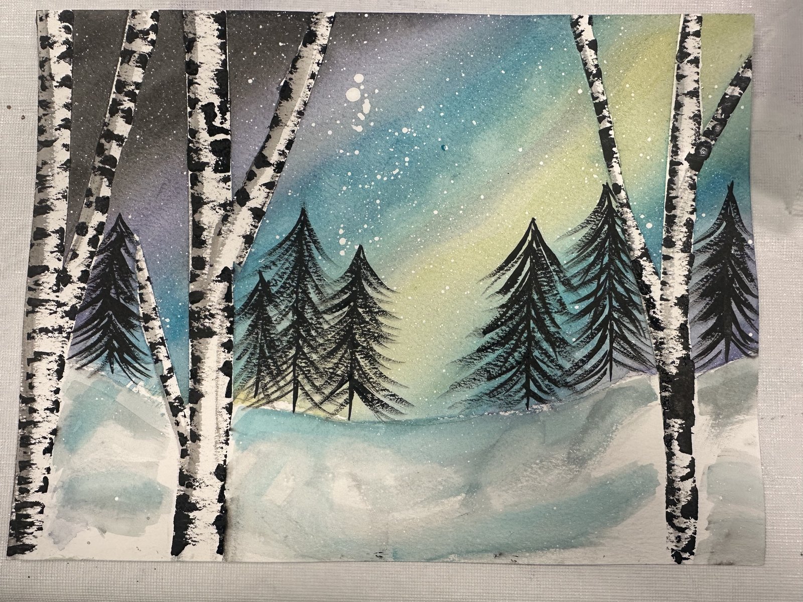 Winter birch-forest watercolor landscape created in a CAC art workshop